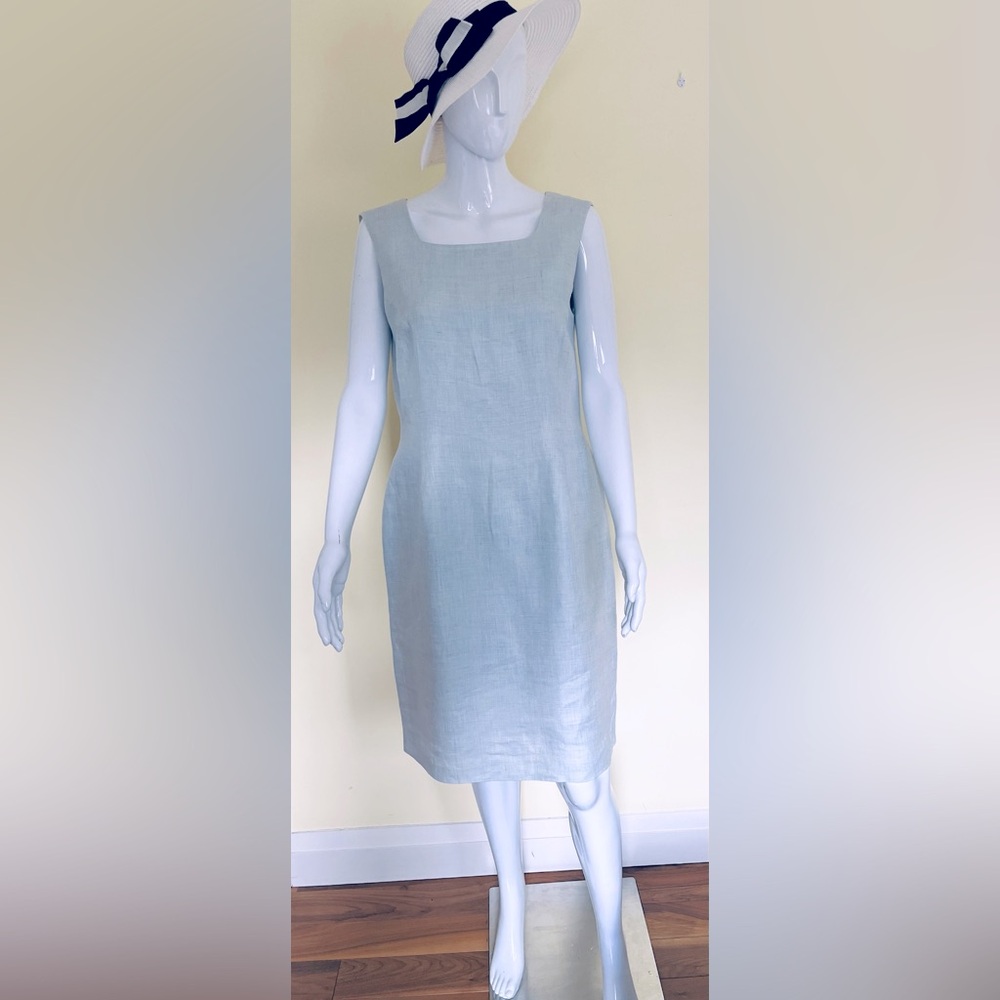 Beymen 100% linen ice blue summer dress wide square neck deep V neck back US 12